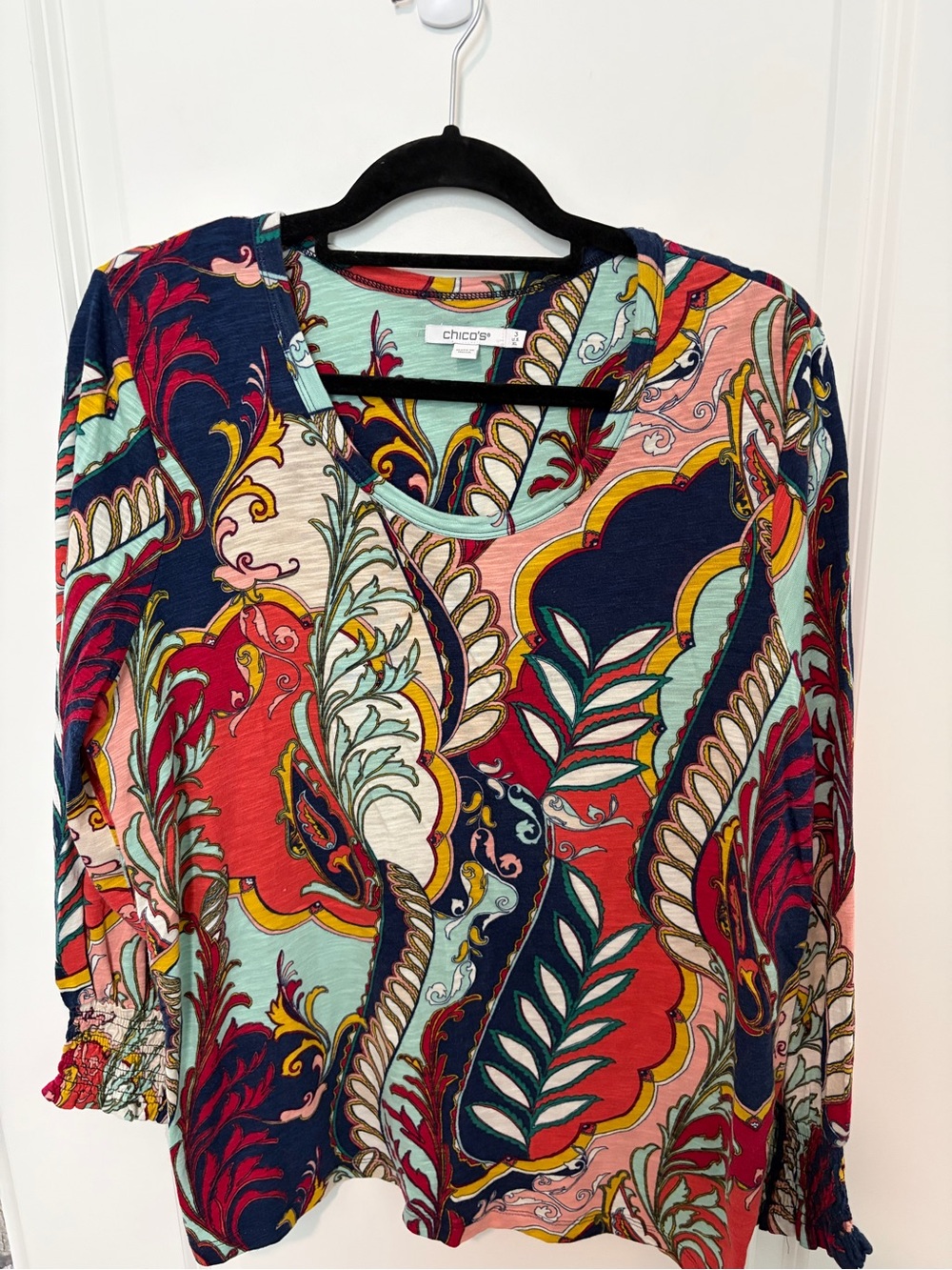 Chico's Multicolor Paisley Print Long-Sleeve Top - Navy, Red & Mint
